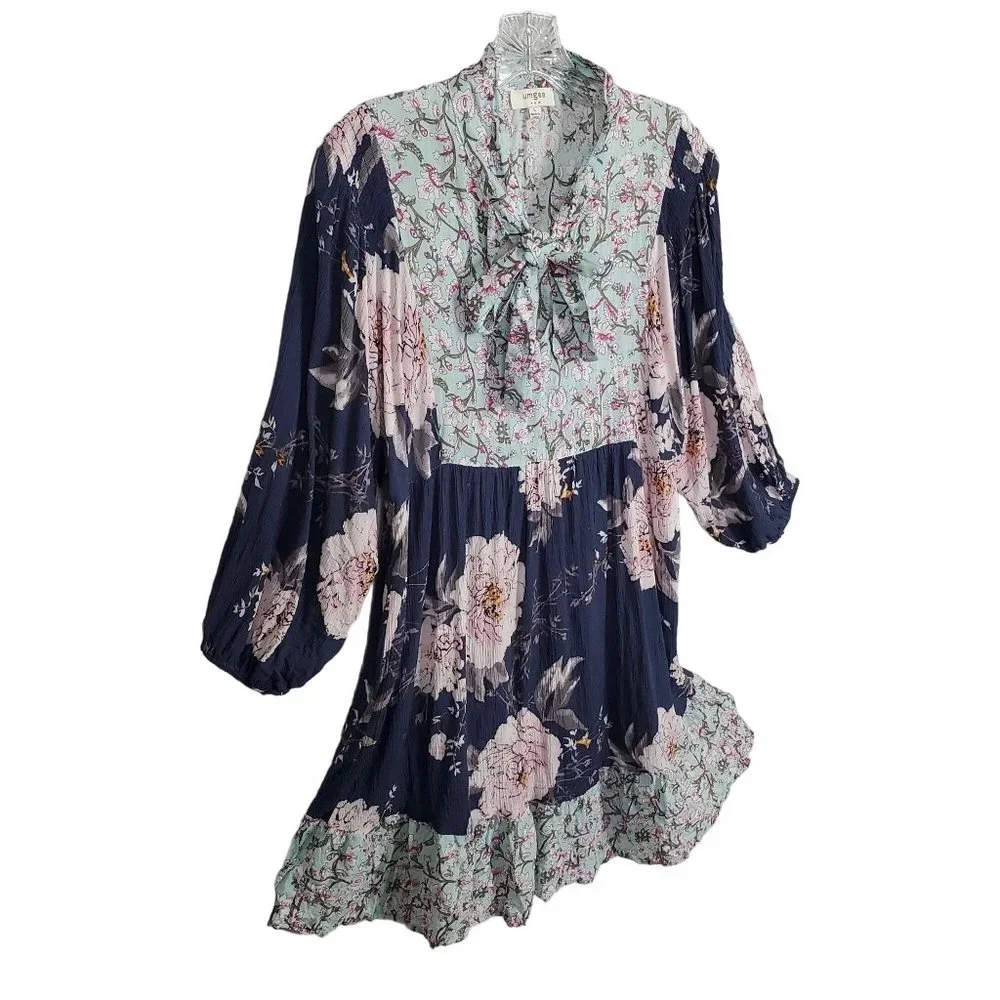 Umgee Size L Dress Blue CottageCore Floral Crinkle V-neck Ribbon Tie Puff Sleeve - Picture 1 of 9